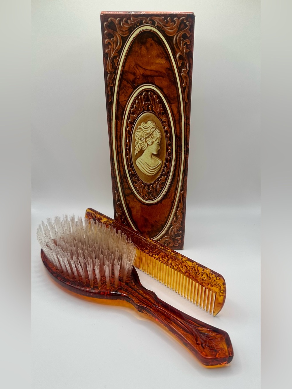 Avon Cameo Brush Comb Set New In Box Vintage USA New Old Stock Tortoise